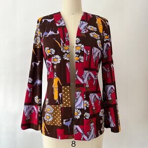 Vintage 70s Art Deco Lady Walking Greyhound Dogs Floral Blazer Jacket by Emanon